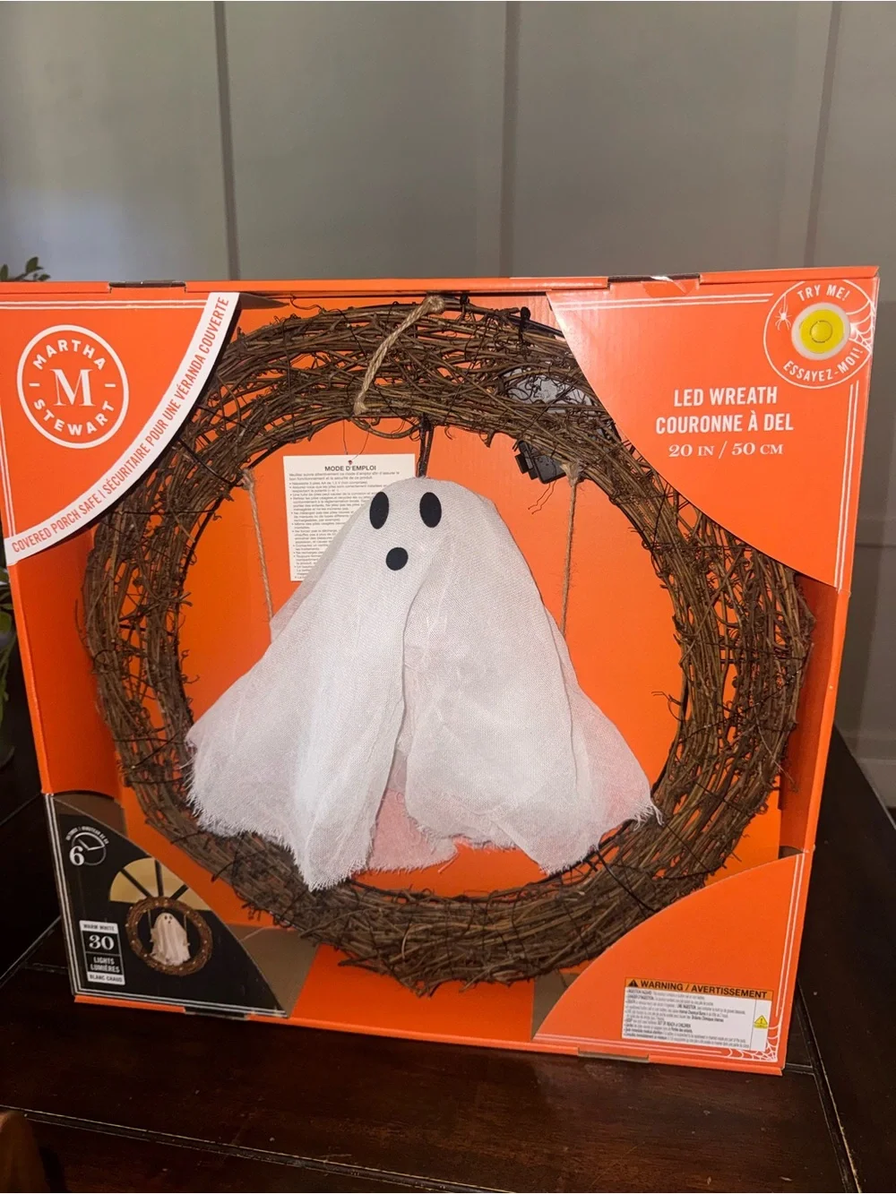 Martha Stewart Brown Grapevine LED Wreath with White Hanging Ghost